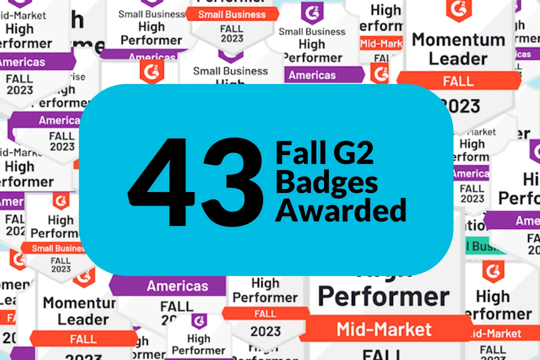 Inova G2 Fall 2023 awards image with big number 43 and a collage of all badges awarded behind it