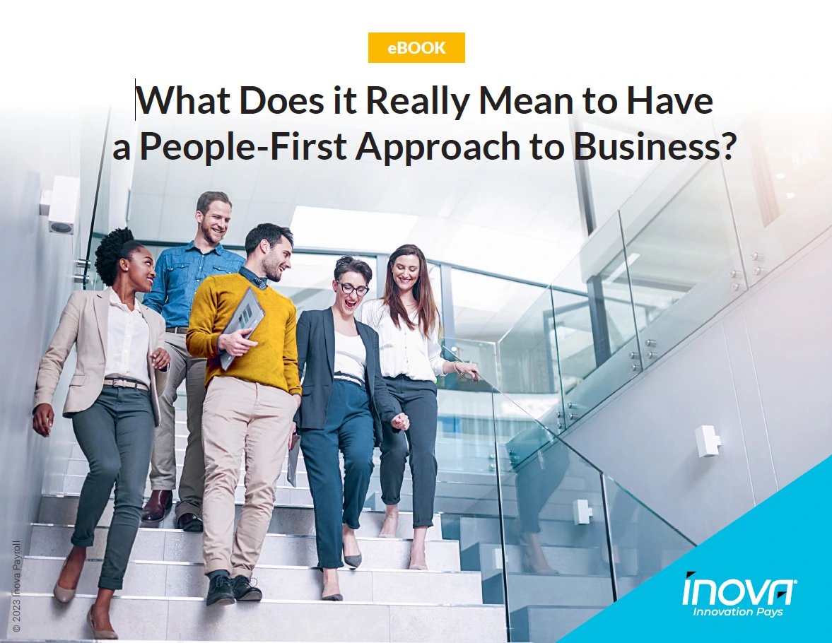 people-first approach to business eBook cover with diverse team walking down modern staircase