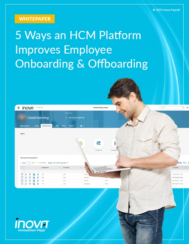 Title page of Inova whitepaper 5 Ways an HCM platform Improves Employee Onboarding & Offboarding