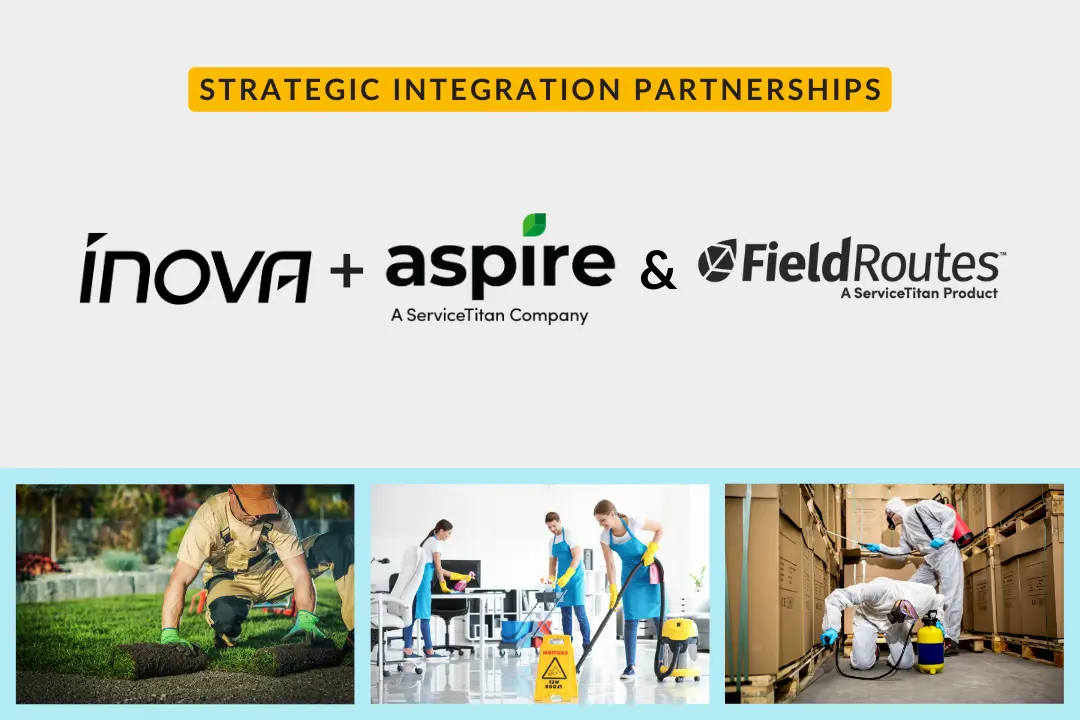 Inova logo plus Aspire and FieldRoutes logos announcing Inova's partnerships with industry images related to Aspire and FieldRoutes below.