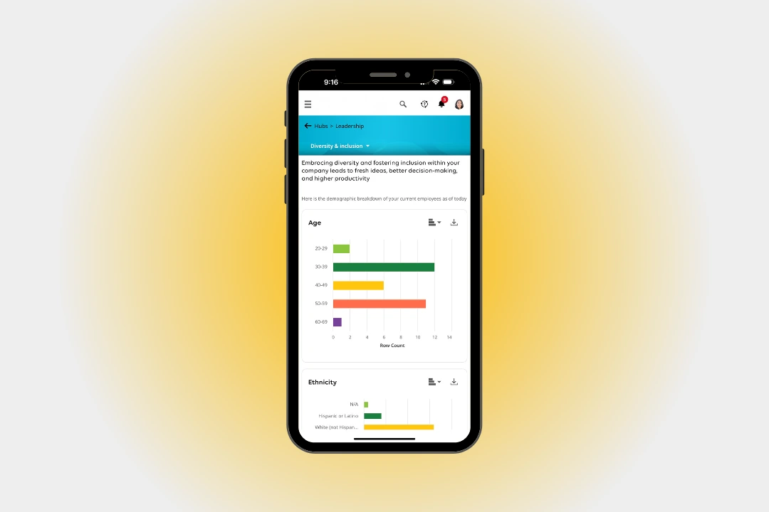 Mobile view of the Inova Leadership Hub showing real-time workforce demographics by age and ethnicity, designed to help leaders make informed, inclusive decisions.