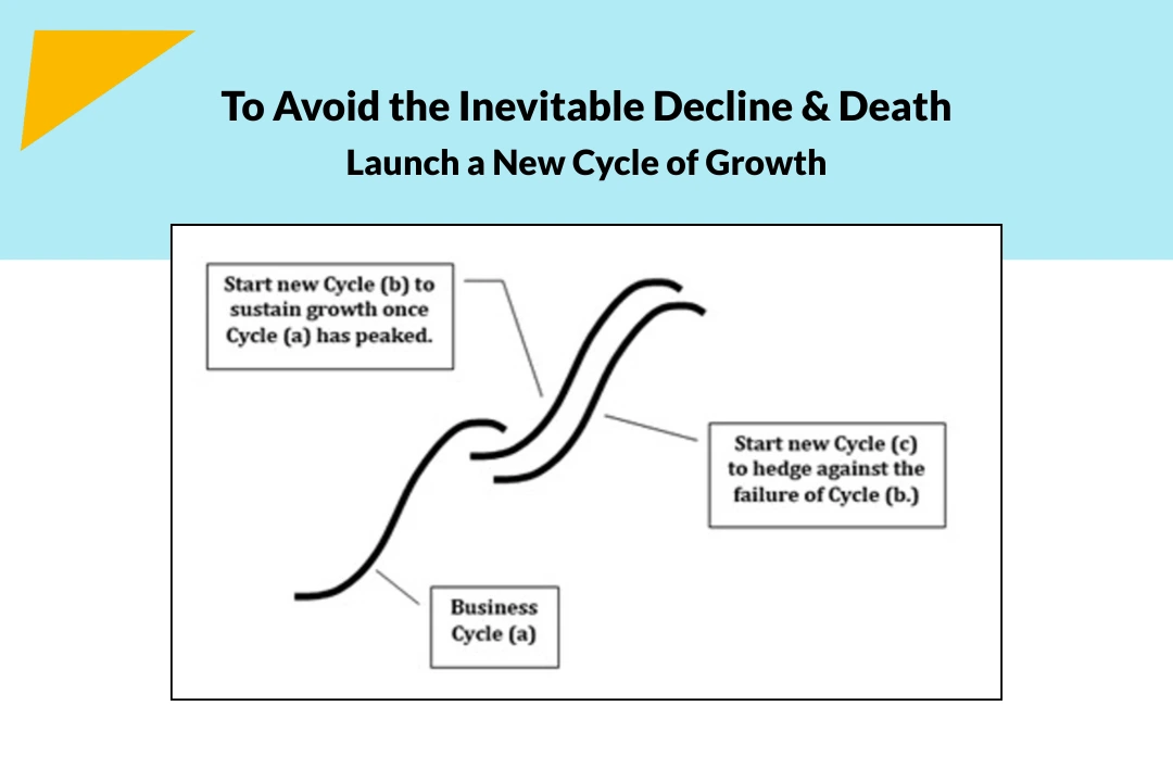 Diagram from Farsheed Ferdowsi’s 2025 IPPA keynote illustrating how launching new business cycles can prevent decline and sustain growth.