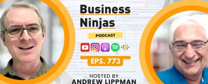 Cover image for the Business Ninjas podcast episode featuring Inova Payroll’s Founder, Farsheed Ferdowsi. The image includes photos of host Andrew Lippman and guest Farsheed Ferdowsi in circular frames, with podcast logos (YouTube, Instagram, Apple Podcasts, Spotify, Google Podcasts), and text that reads: “Business Ninjas Podcast – EPS. 773 – Hosted by Andrew Lippman with Farsheed Ferdowsi, Inova.”