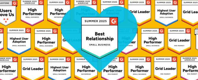 G2 Summer 2025 badges highlighting Inova Payroll reviews, with Best Relationship for Small Business featured in a blue heart overlay