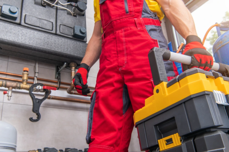 Plumber in red overalls holding a toolbox near copper pipes, representing the hands-on workforce supported by payroll for HVAC and plumbing companies.